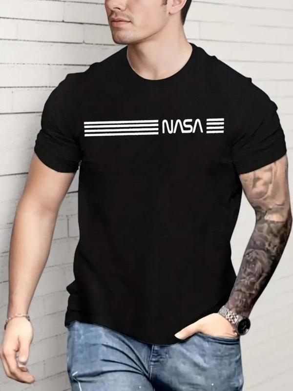 Erkek Kısa Kollu NASA Baskı Bisiklet Yaka T-shirt - Image 1