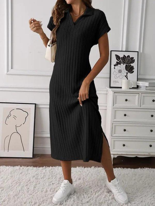 Kadın Kısa Kollu Yakalı Yandan Yırtmaçlı Kalın Fitilli Kaşkorse Elbise - Image 1