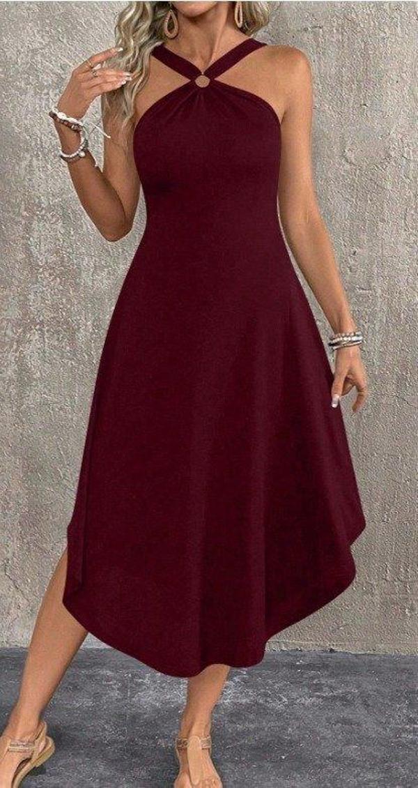 Kadın Boyundan çapraz Askılı Halka Detaylı Asimetrik Kesim Viskon Elbise - Image 1