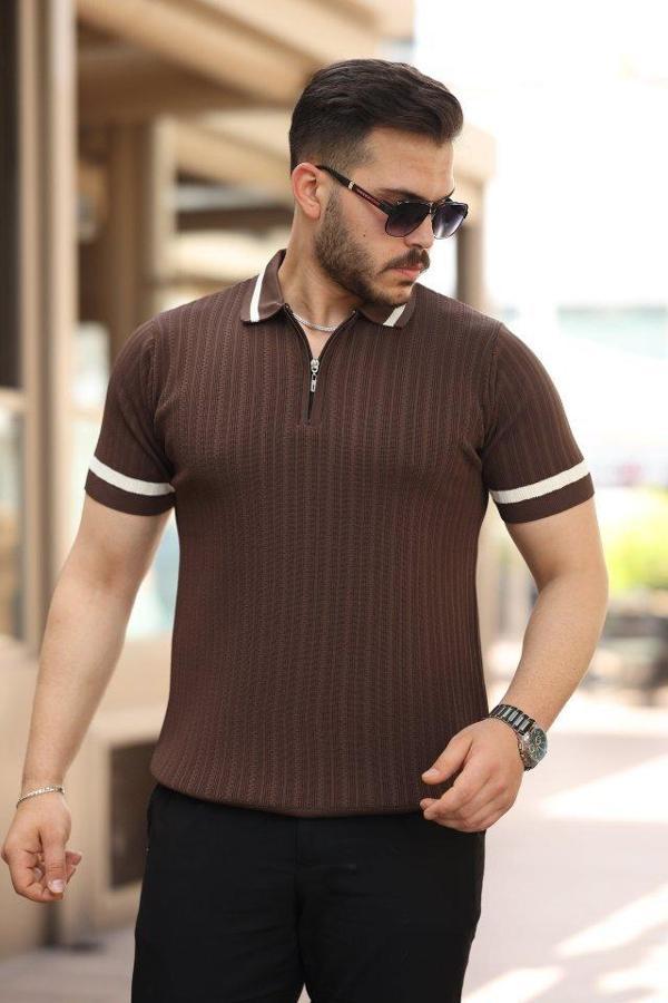 Erkek Yaka Ve Kolları çizgi Detaylı Fermuarlı Kısa Kollu T-shirt - Image 1
