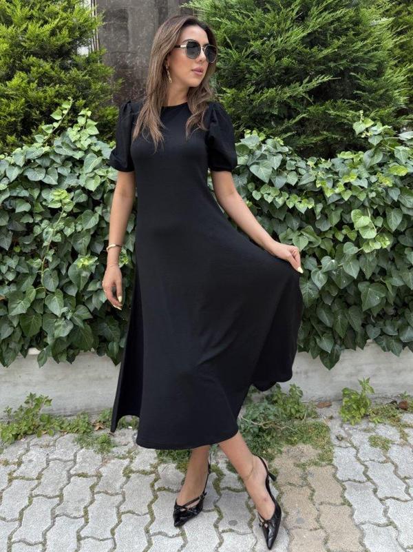 Kadın Kısa Balon Kollu Bisiklet Yaka Geniş Kesim Janjan Krep Elbise - Image 1