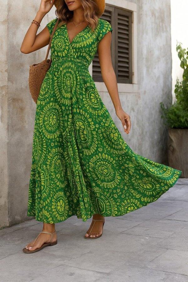 Kadın Kısa Yarasa Kanat Kollu V Yakalı Beli Büzgülü Süprem Elbise - Image 1