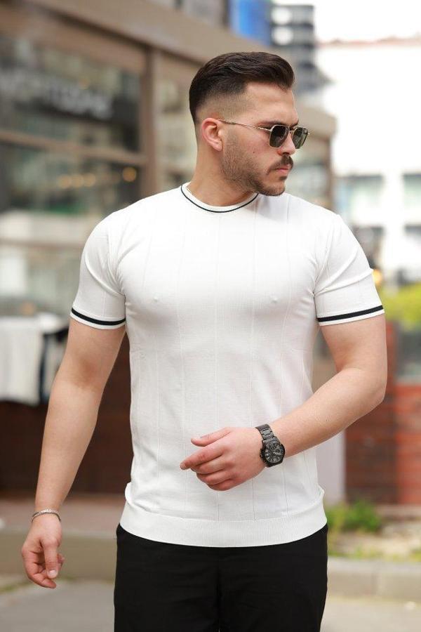 Erkek Bisiklet Yaka çizgi Desenli Ribanalı Kısa Kollu Tshirt - Image 1