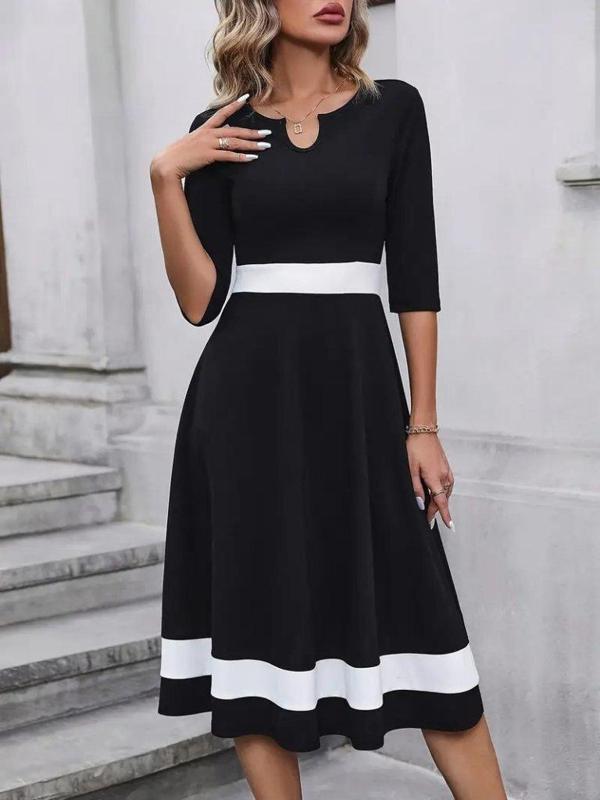 Kadın Truvakarkol Yakası Açık Blok Renkli Krep Midi Elbise - Image 1