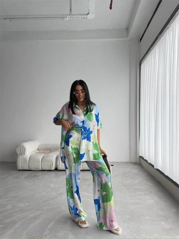 YEŞİL BÜYÜK ÇİÇEK DESEN SATEN GÖMLEK-PANTOLON TAKIM - Yeşil - Image 1