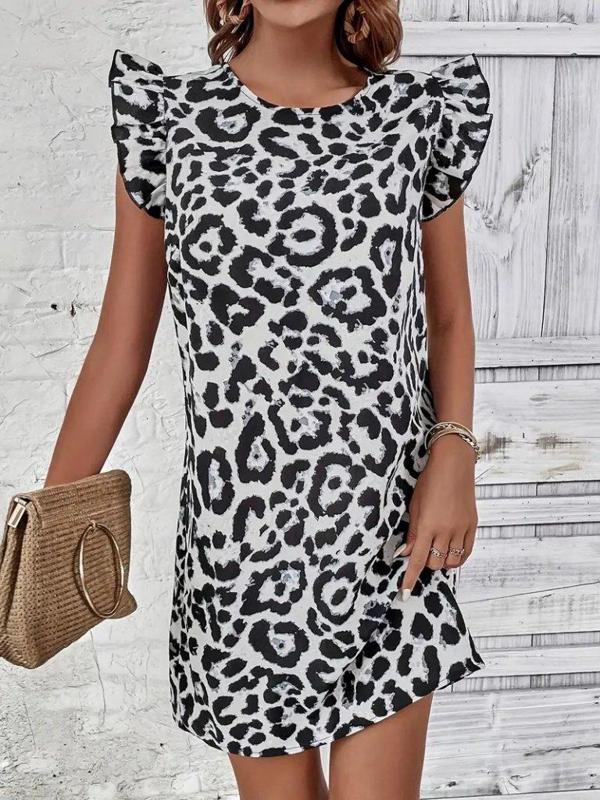 Kadın Kısa Kollu Kolları Fırfır Detay Arkası Bağlamalı Leopar Desen Kolsuz Mini Mikro Elbise - Image 1