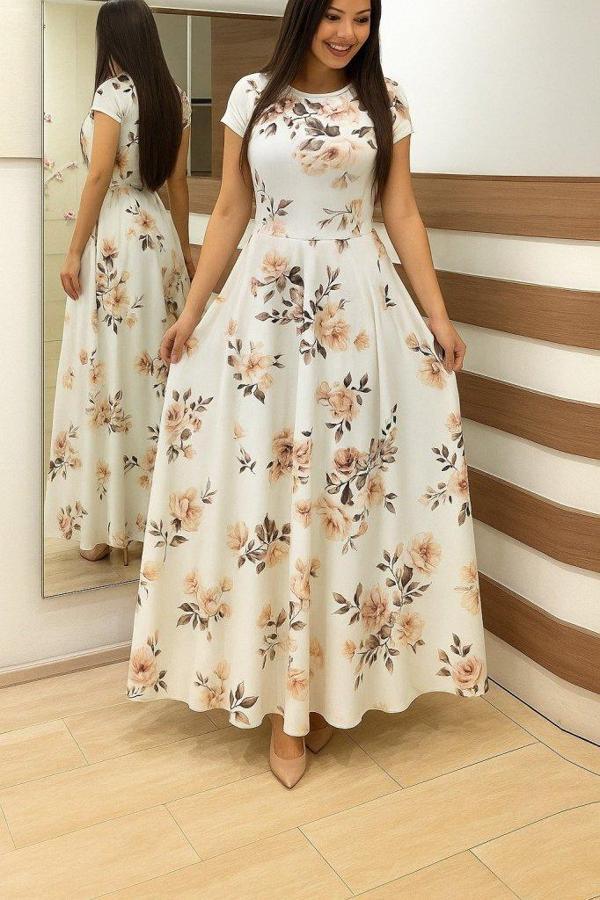 Kadın Kısa Kollu Bisiklet Yaka Puantiyeli Maksi örme Krep Elbise - Image 1