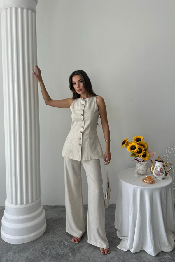 KETEN YELEK - PANTOLON TAKIM - Taş - Image 1