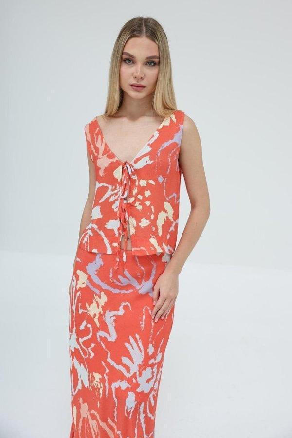 Bağcıklı Bluzlu Etek Takım - Kırmızı - Image 1