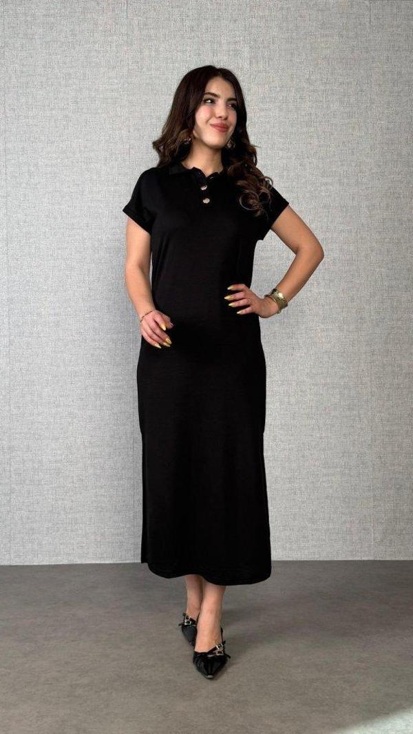 Kadın Kısa Kollu Yakalı Yandan Yırtmaçlı Viskon Iki Iplik Elbise - Image 1