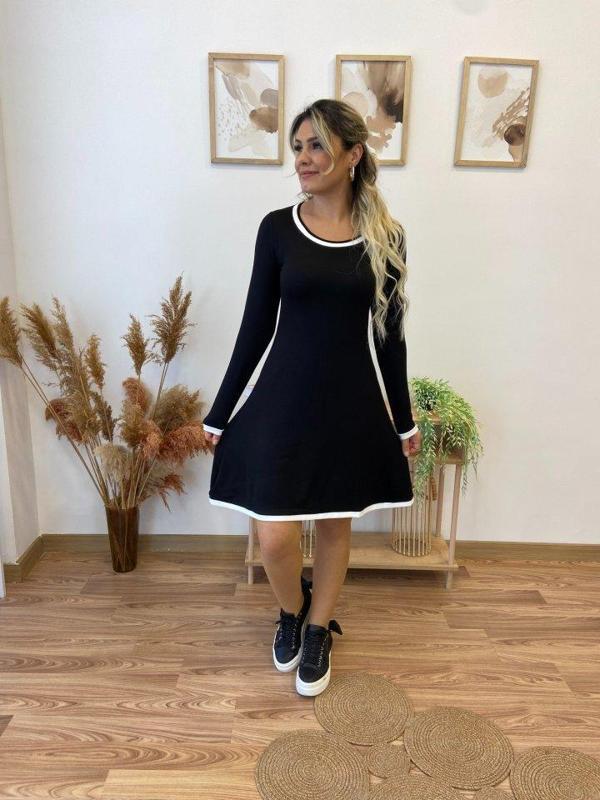 Kadın Uzun Kollu Derin Yuvarlak Yakalı Kısa Viskon Iki Iplik Elbise - Image 1