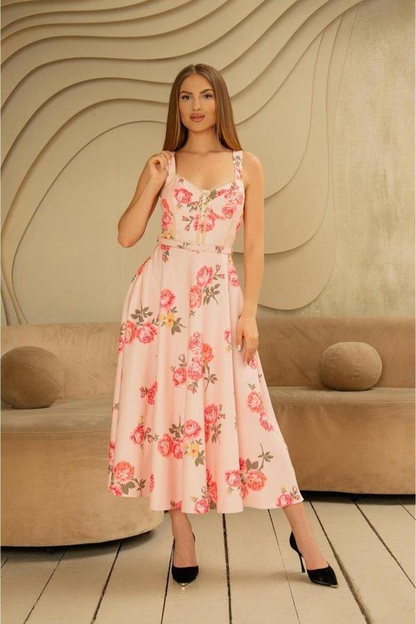 Pembe İnce Kemer Detaylı Elbise - Image 1