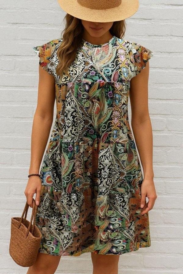 Kadın Kısa Kollu Kolları Fırfırlı Bisiklet Yakalı Kare Desenli Elbise - Image 1