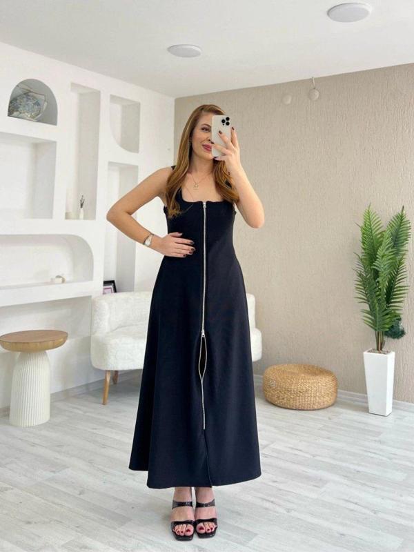 Kadın Askılı Kare Yaka önden Fermuarlı Geniş Kesim Janjan Krep Elbise - Image 1