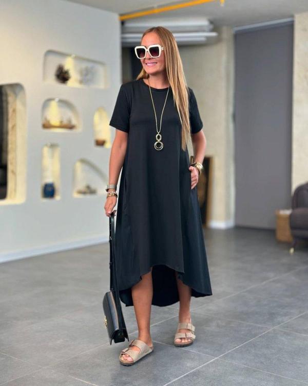 Kadın Kısa Kollu Bisiklet Yaka Asimetrik Kesim ön Viskon Arkası Trikoton Elbise - Image 1