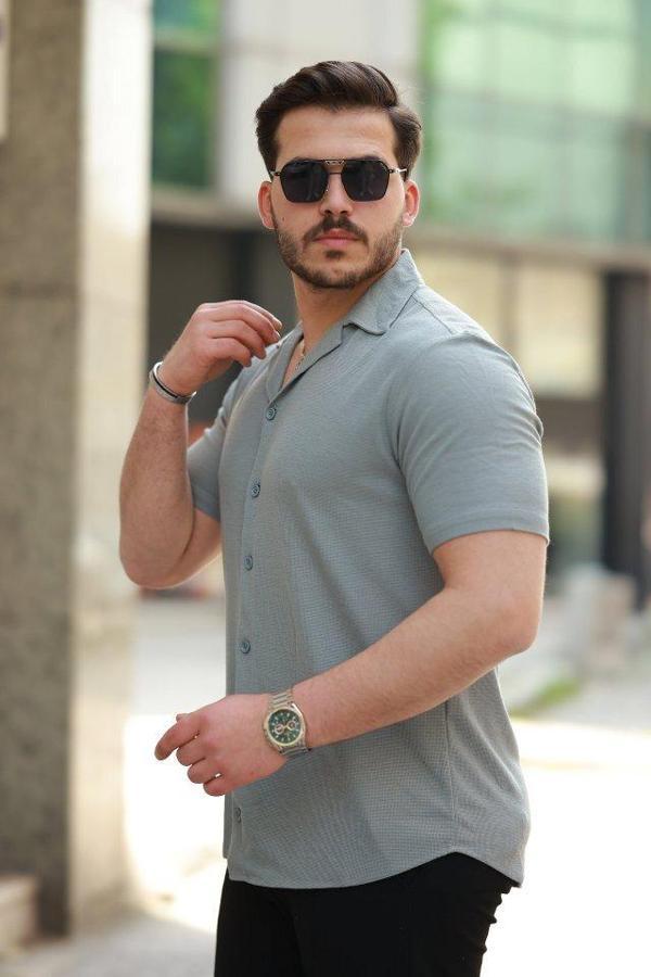 Erkek Apaç Yaka örme Kumaş Kısa Kollu Gömlek - Image 1