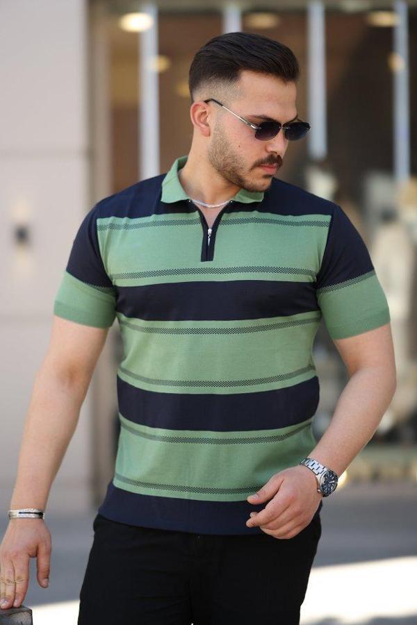 Erkek Yakalı Fermuarlı çift Renk Kısa Kollu T-shirt - Image 1