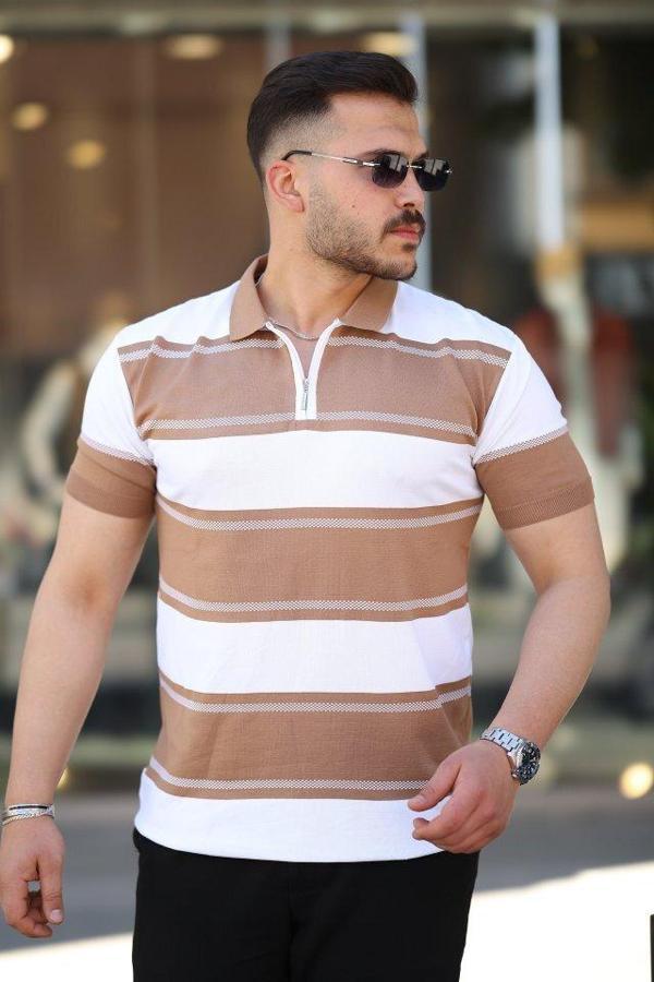 Erkek Yakalı Fermuarlı çift Renk Kısa Kollu T-shirt - Image 1