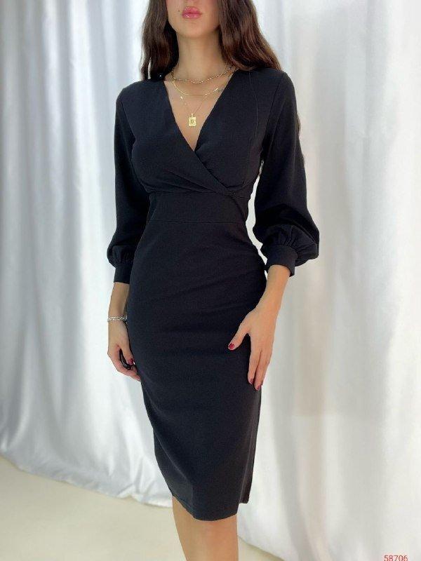 Kadın Kruvaze Yaka Balon Kol Midi Boy Elbise - Image 1