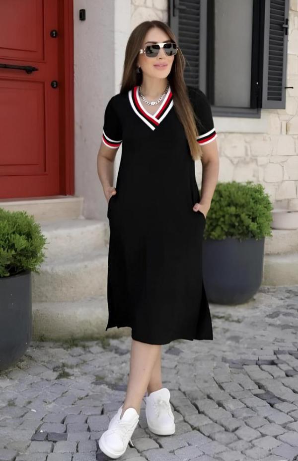 Kadın Kısa Kollu V Yaka Ve Yaka Ribana Detay Midiboy Viskon Elbise - Image 1