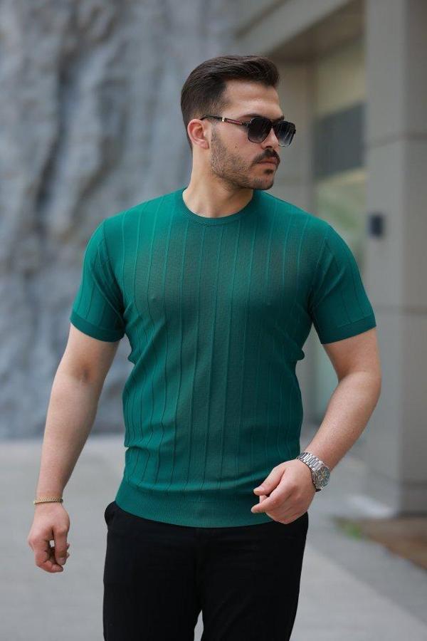 Erkek Kısa Kollu Bisiklet Yaka çizgili Triko Tişört - Image 1