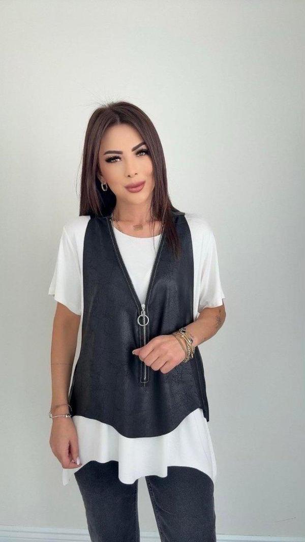 Kadın Kısa Kollu Yuvarlak Yaka Viskon Bluz + Kolsuz Fermuarlı çatlak Deri Yelek - Image 1