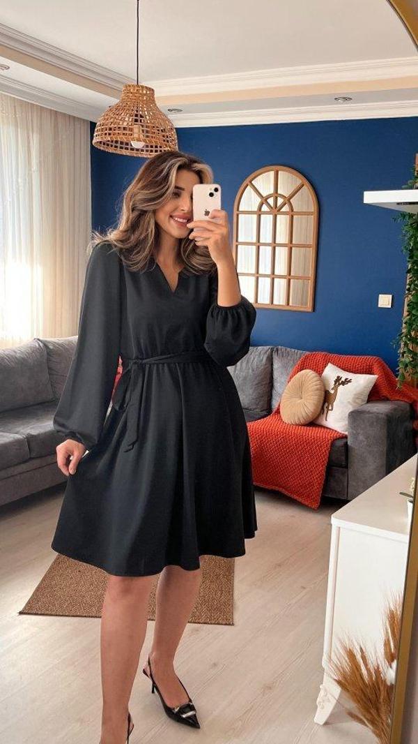 Kadın Uzun Kollu V Yakalı Belden Kuşaklı Kiloş Krep Elbise - Image 1