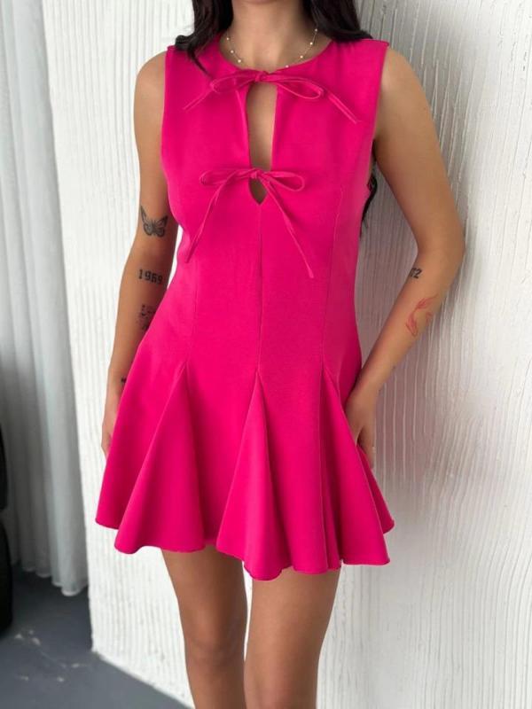 Göğüs Bağlamalı Kolsuz Mini Boy Elbise - Pembe - Image 1