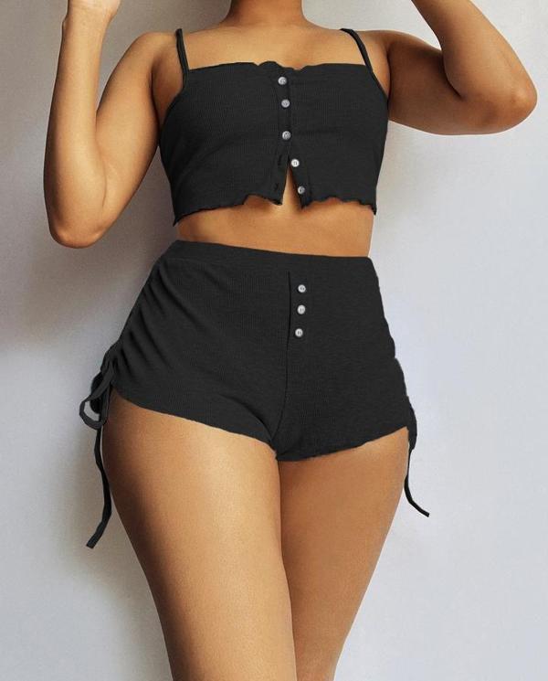 Kadın Ip Askılı Crop Bluz Ve Yanlardan Büzgülü Ikili Kaşkorse Short Takım - Image 1