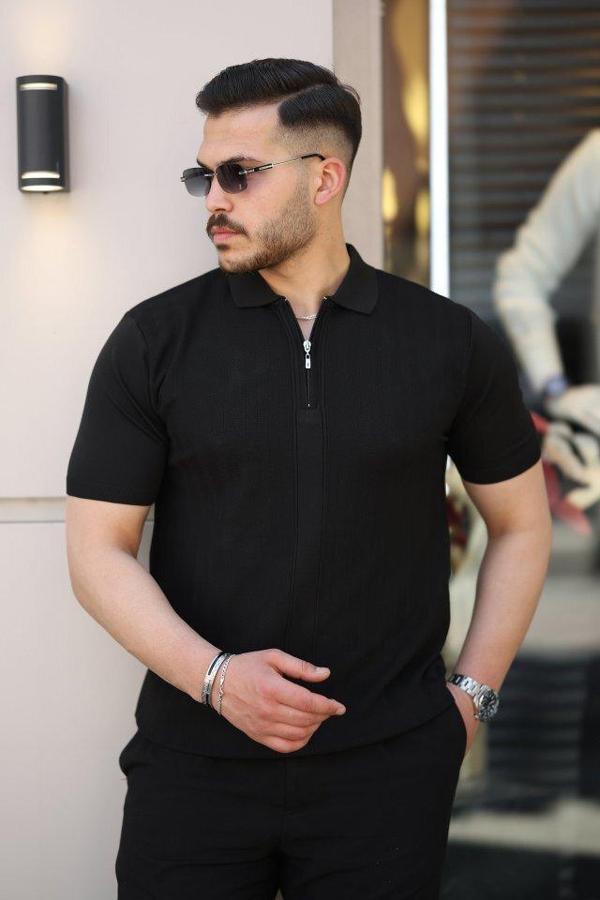 Erkek Yakası Fermuarlı Kısa Kollu T-shirt - Image 1