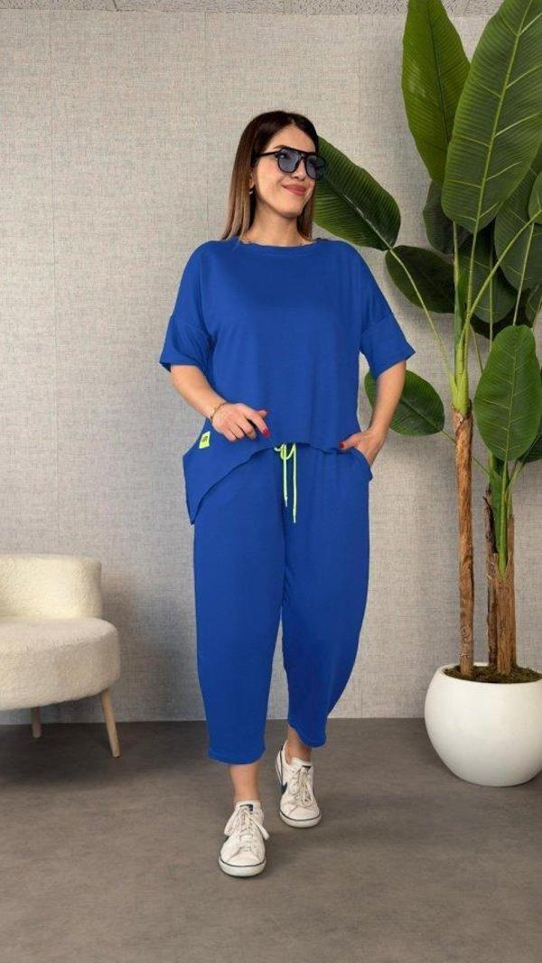 Kadın Kısa Kollu Bisiklet Yaka Viskon Iki Iplik Bluz Ve Pantolon Ikili Takım - Image 1