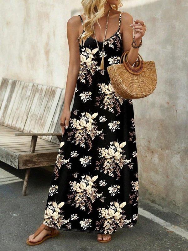 Kadın Ip Askılı V Yakalı çiçek Desenli Süprem Elbise - Image 1