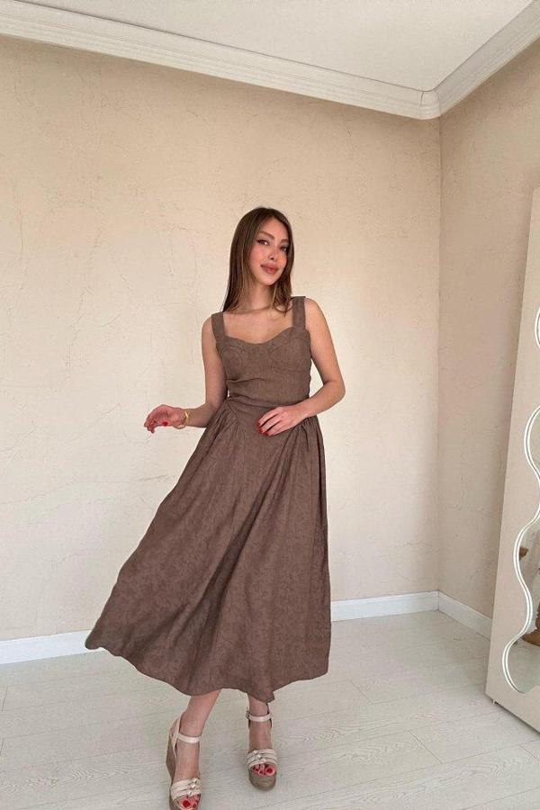 Vizon Yanları Büzgülü Göğüs Kuplu Elbise - Image 1