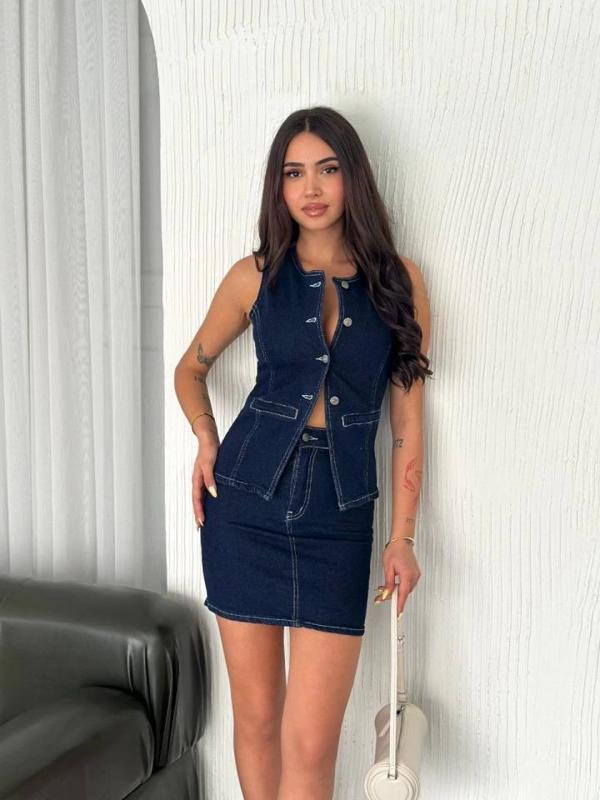 Kot Jeans Etekli Ikili Takım - Lacivert - Image 1