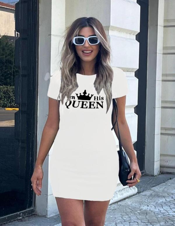 Kadın Kısa Kollu Queen Baskı Iki Iplik Mini Elbise - Image 1