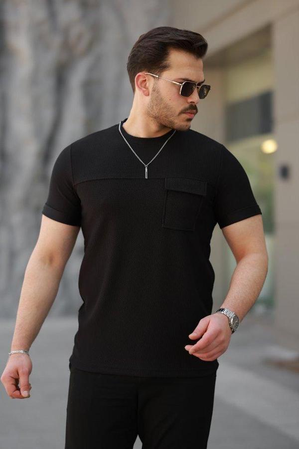 Erkek Cepli Kolyeli Kısa Kollu örme Kumaş T-shirt - Image 1