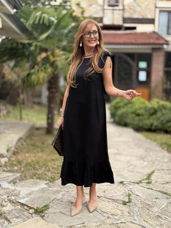 Kadın Omuzlardan Büzgülü Kayık Yaka Fırfırlı Janjan Krep Elbise - Image 1