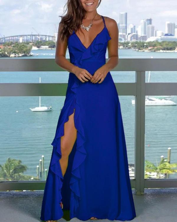 Kadın Ip Askılı Dekolteli Yırtmaç Detay Krep Elbise - Image 1