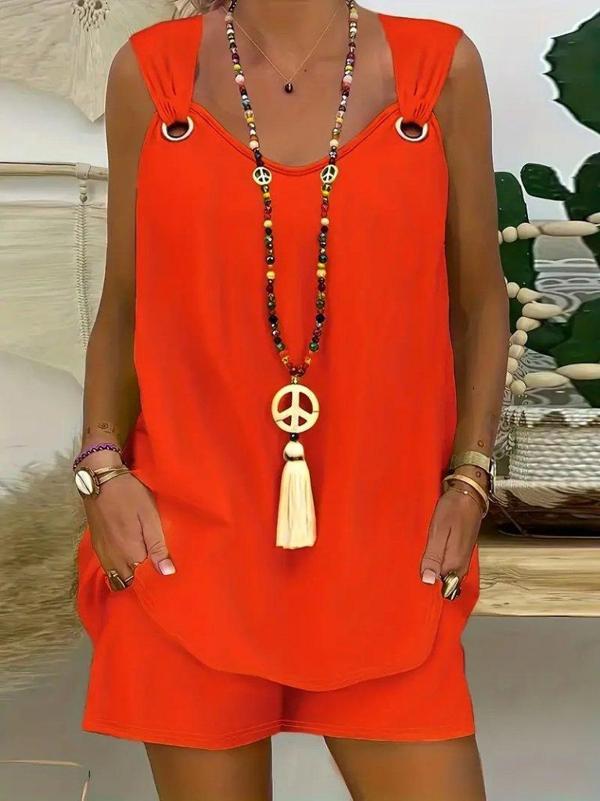 Kadın Kolsuz V Yaka Kuş Gözü Detay Bluz Short Aerobin Ikili Takım - Image 1