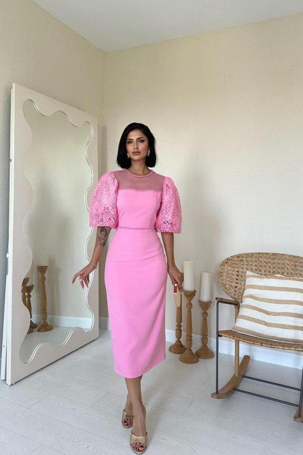 Pembe İncili Tül Detay Elbise - Image 1
