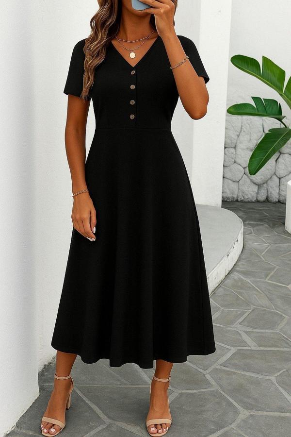 Kadın Kısa Kollu V Yakalı önden Düğmeli Yırtmaçlı Midi Viskon Elbise - Image 1