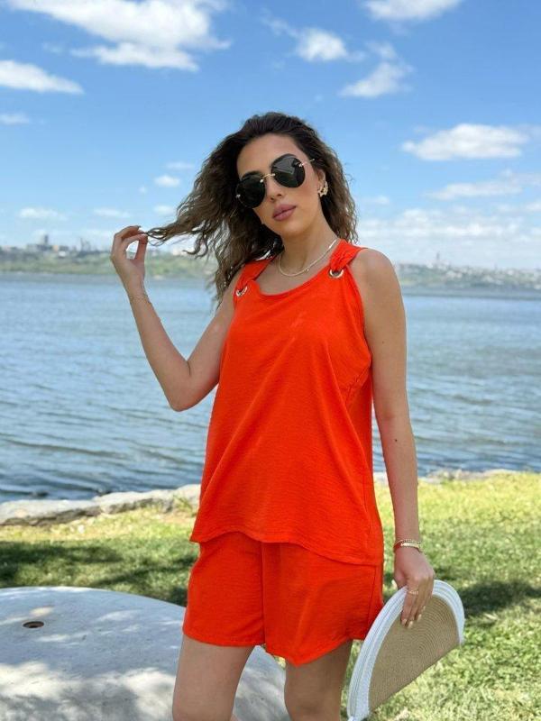 Kadın Kolsuz V Yaka Kuş Gözü Detay Bluz Short Aerobin Ikili Takım - Image 1