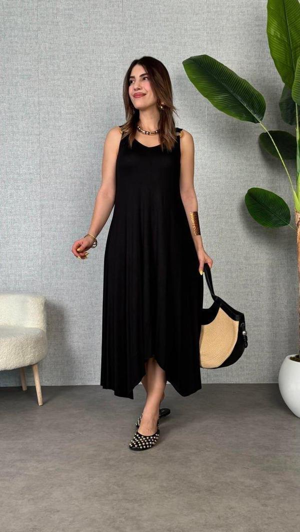 Kadın çan Dokuma Kumaş V Yaka Asimetrik Kesim Elbise - Image 1