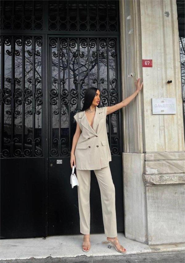 ÇİZGİLİ UZUN YELEK - PANTOLON TAKIM POLVİSCON - Bej - Image 1