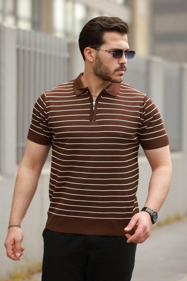 Erkek Fermuar Yakalı çizgili Kısa Kollu T-shirt - Image 1