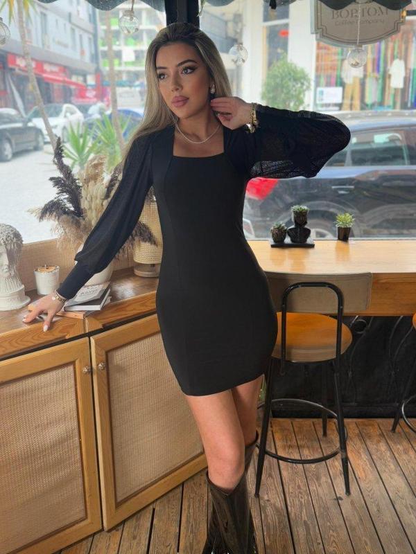 Kadın Kare Yaka Kolları Tül Sandy Kumaş Fırsat ürün Mini Siyah Elbise - Image 1