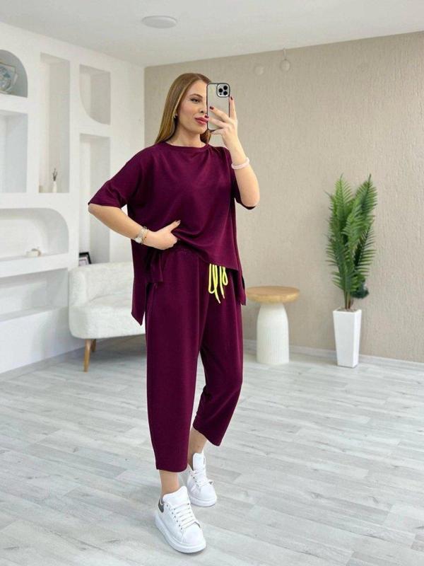 Kadın Kısa Kollu Bisiklet Yaka Viskon Iki Iplik Bluz Ve Pantolon Ikili Takım - Image 1