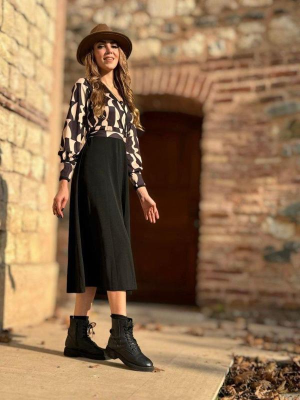 Kadın Uzun Kollu Kruvaze Yaka Dalgıç Krep Midi Boy Elbise - Image 1