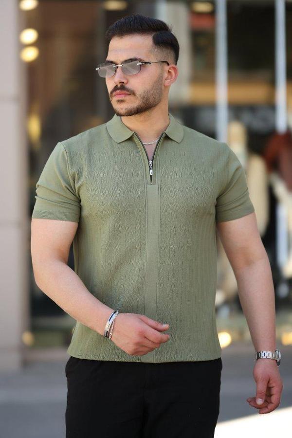 Erkek Yakası Fermuarlı Kısa Kollu T-shirt - Image 1
