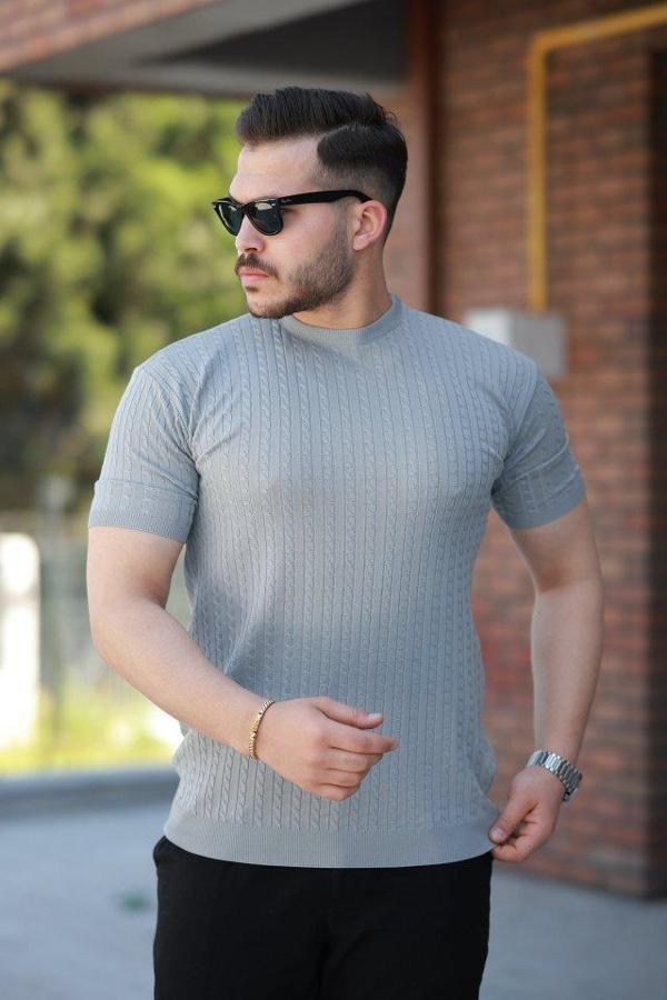 Erkek Bisiklet Yaka örgü Desenli Kısa örme Triko Kısa Kollu T-shirt - Image 1